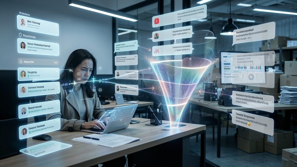 commercial scene illustrating the Customer Service Automation inefficiency of manual message translation in customer support and its impact on response speed, customer satisfaction, and lost sales opportunities in fast-paced e-commerce.