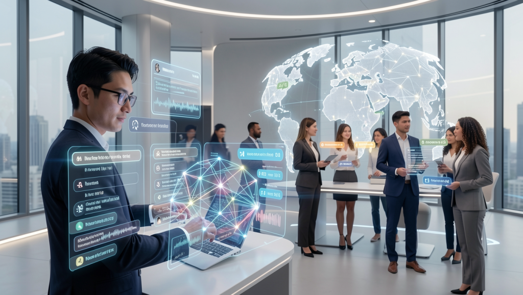 commercial scene Real-Time Translation showing Multichat365 real-time AI translation enabling seamless global communication for businesses without delays, misunderstandings, or extra manpower.