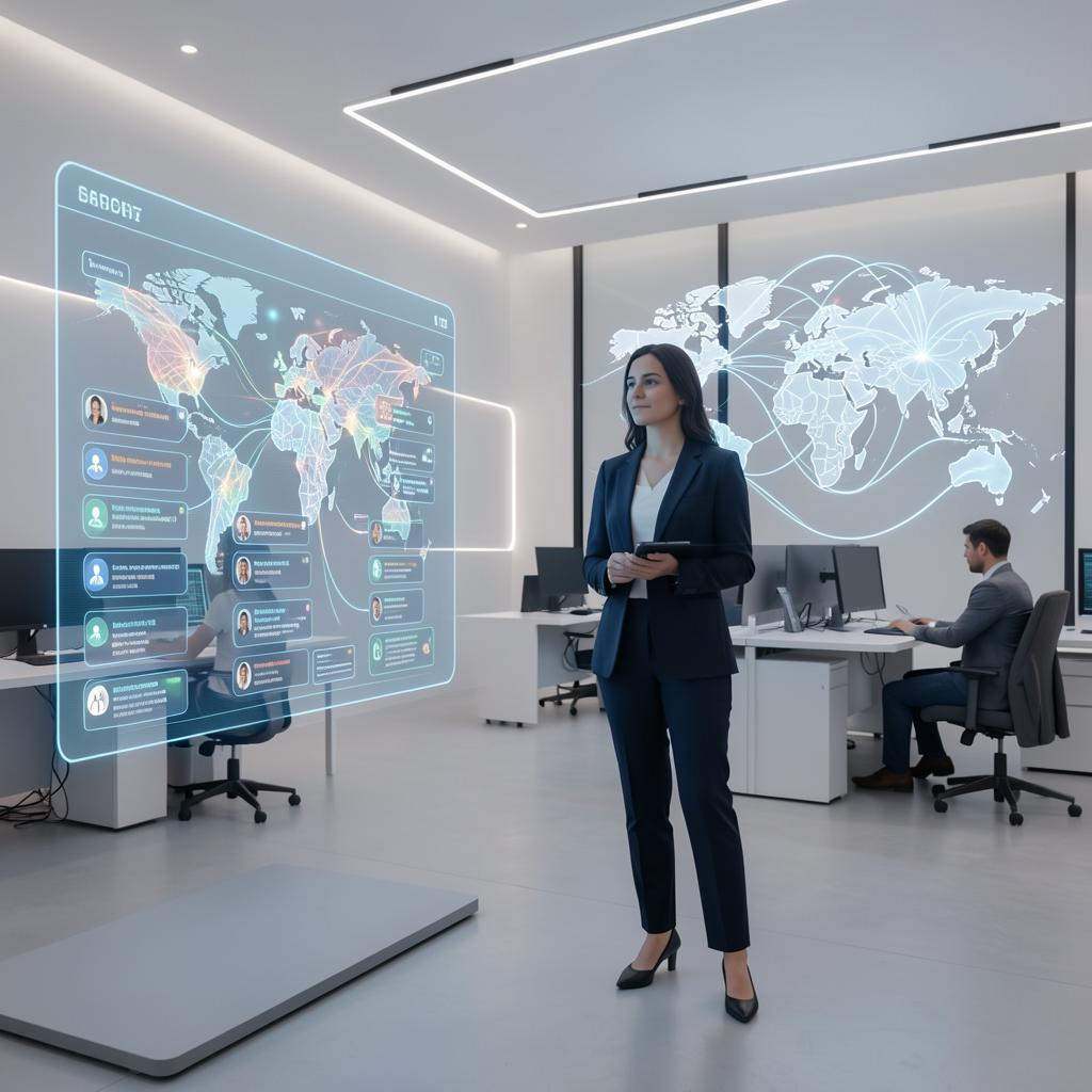 commercial scene illustrating AI-driven automation reducing dependency on multilingual support staff while enabling scalable global customer support without increasing headcount