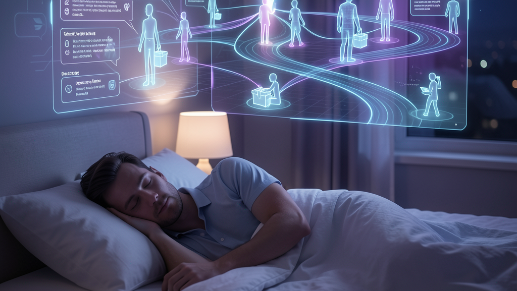 realistic SaaS automation scene showing a business running fully on autopilot while the owner is asleep