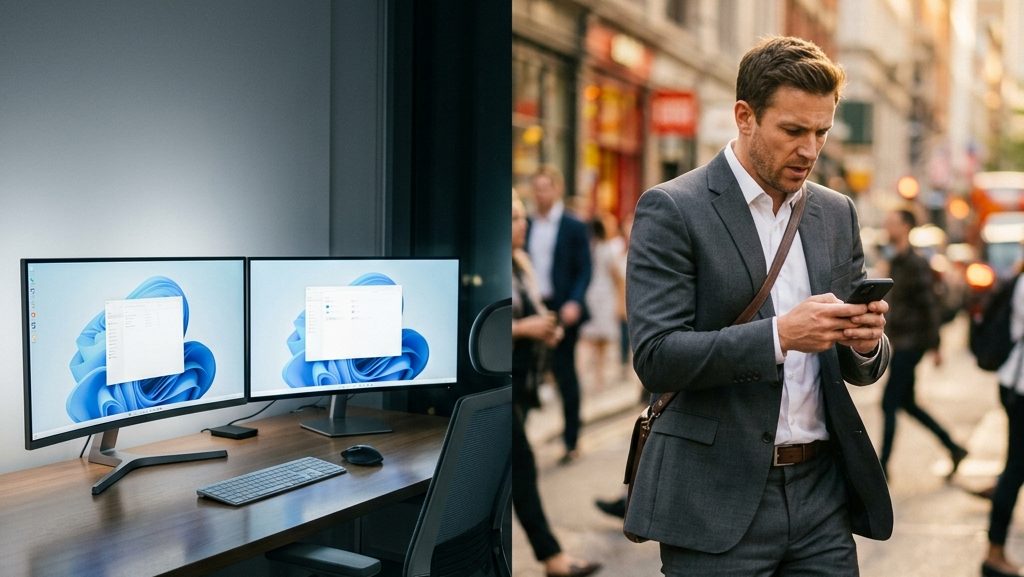 illustrating the contrast between a static office workspace and the dynamic nature of mobile business