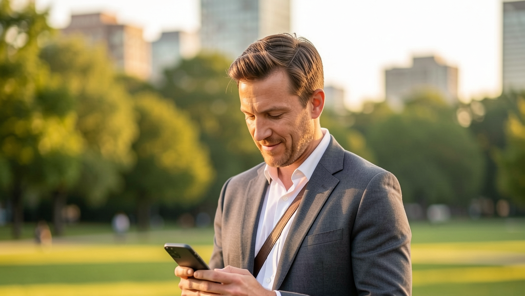 mid-30s, standing comfortably in a scenic, sunlit outdoor urban park setting