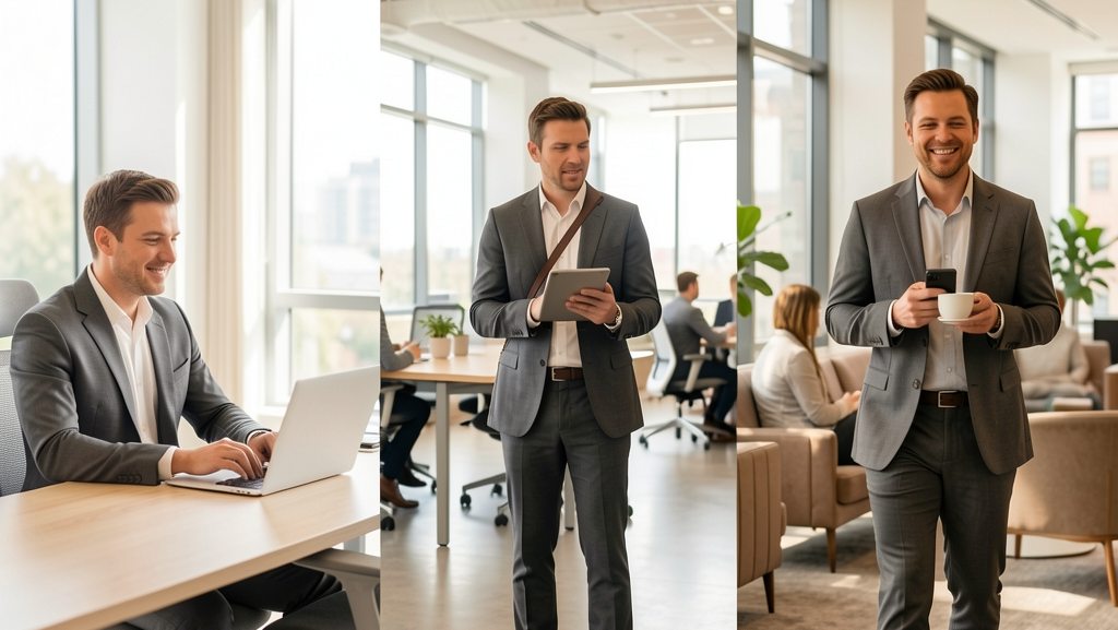 A high-quality, professional split-screen composition depicting a seamless business workflow, captured in a bright and airy modern office environment.