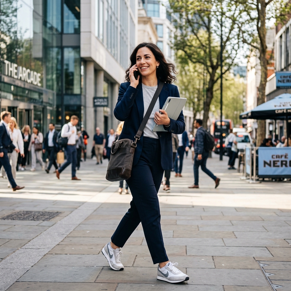 a busy, professional woman in her early 30s, confidently managing customer Cross-Platform Accessibility communications while walking along a vibrant city street