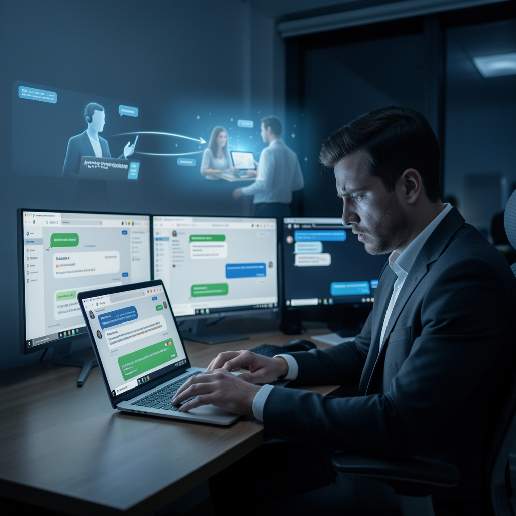 e-commerce customer support scene set in a dimly lit office at 3 AM with A.I Chatbot Auto Pilot