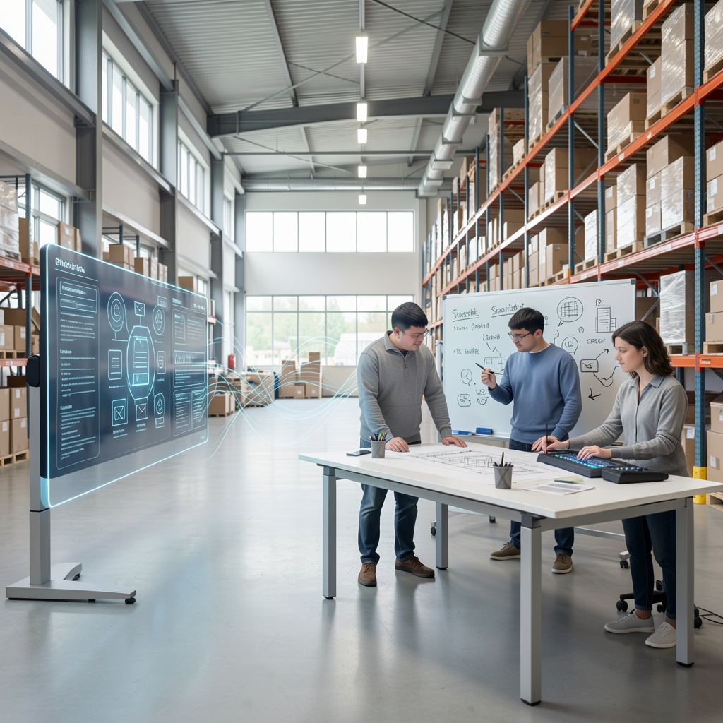 modern, light-filled open-plan office. On the left side of the frame, a sophisticated, non-humanoid AI interface with a sleek holographic display is efficiently processing high volumes of data, forms, and email icons.