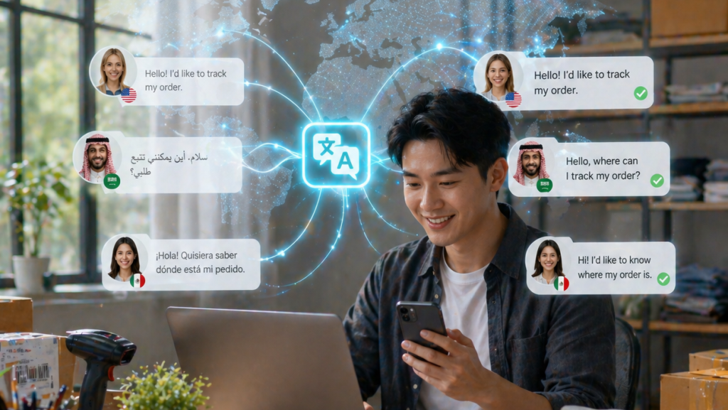 Modern workspace with holographic translation interface