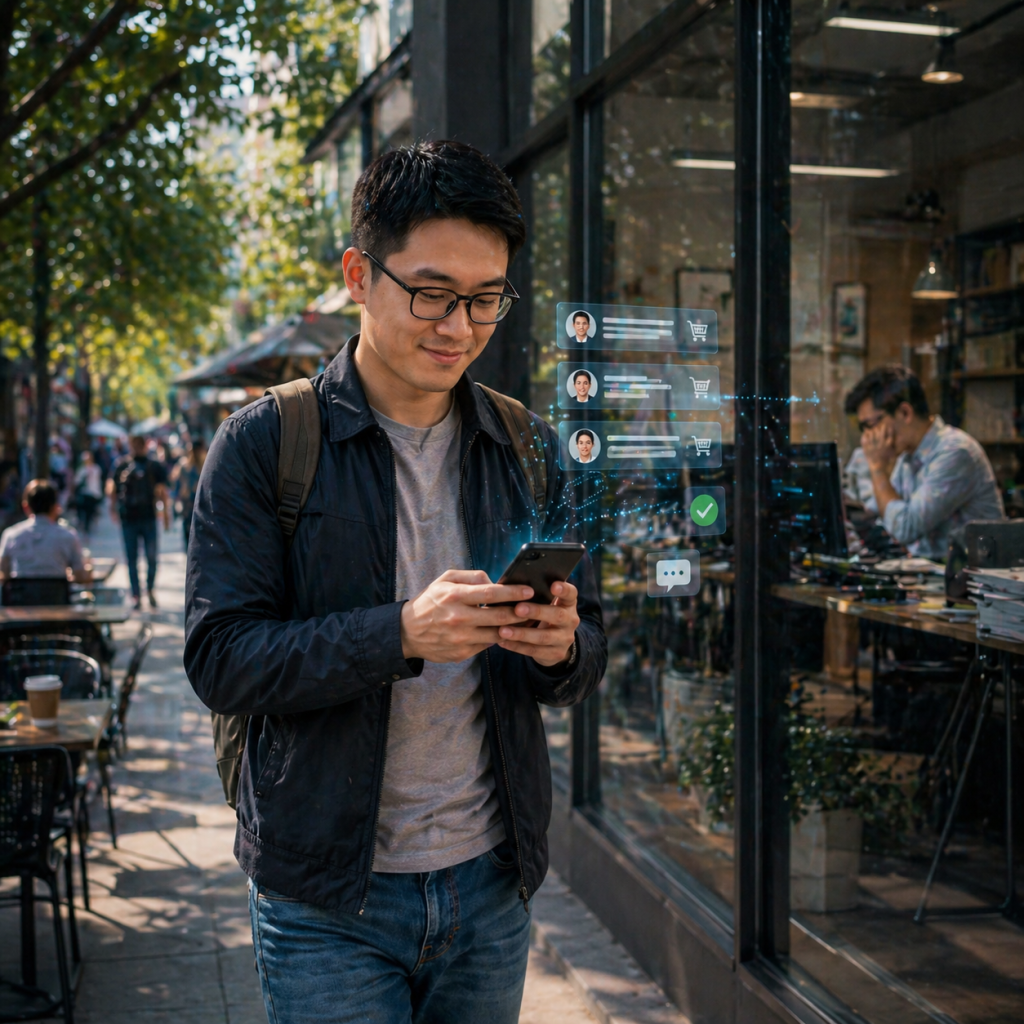 Man walking with smartphone in café scene