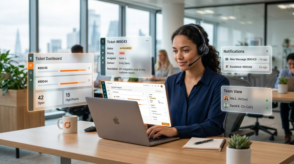 Customer support agent using ticketing system with floating interface showing organized tickets and workflow