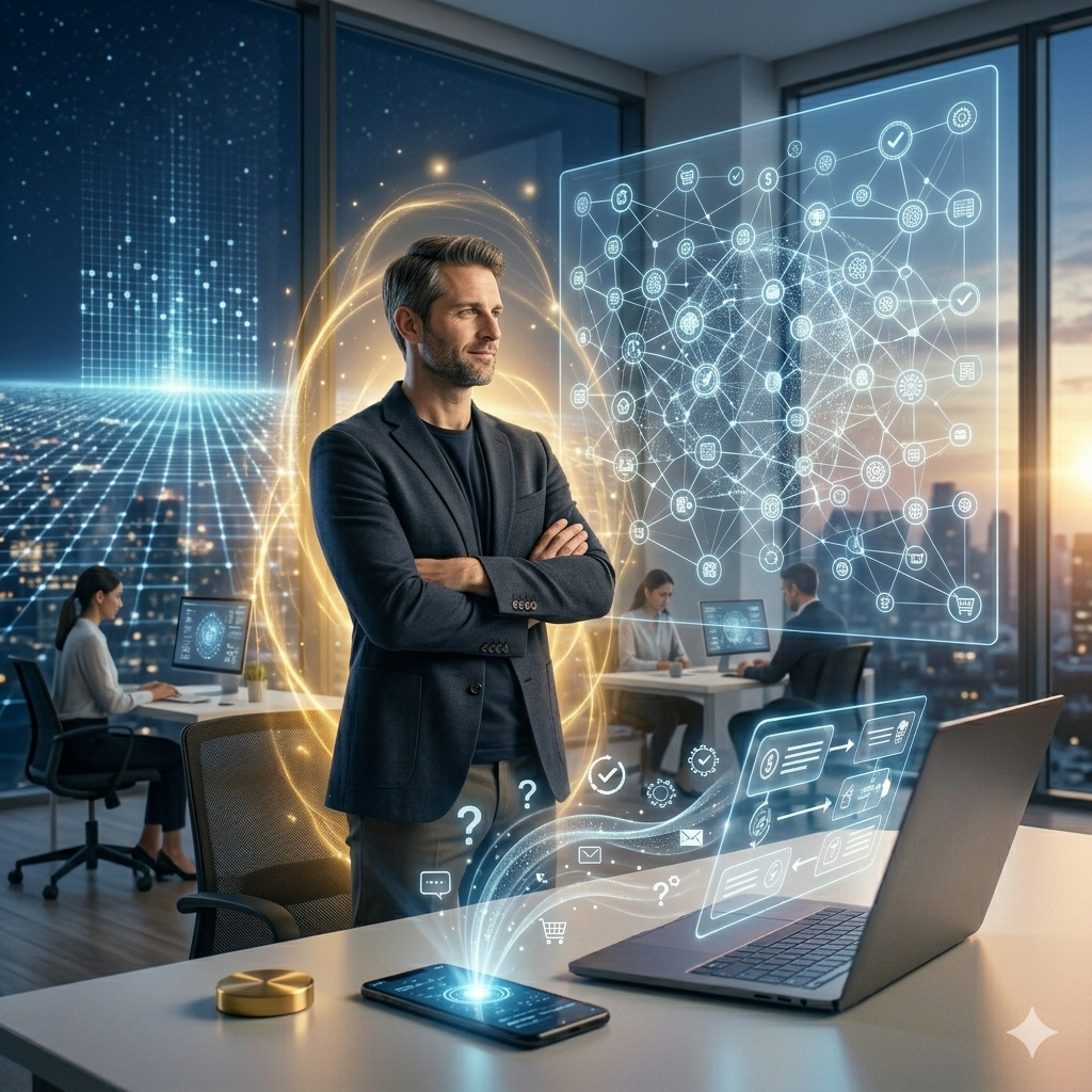 commercial scene illustrating scalable AI-driven customer support replacing the need for excessive human hiring while protecting profit margins.