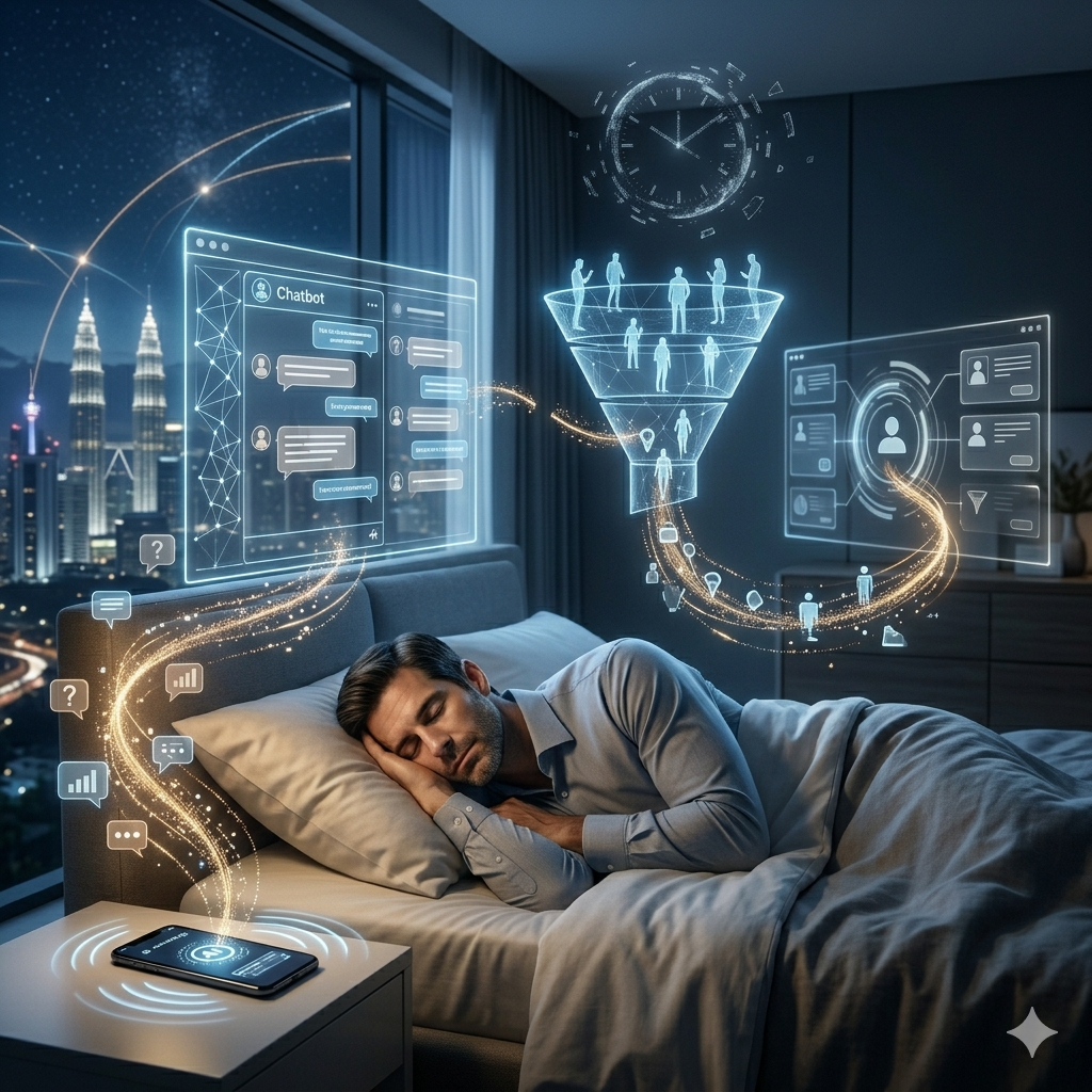 commercial scene illustrating an always-on AI chatbot system capturing night-time shoppers and converting them into qualified leads in real time.