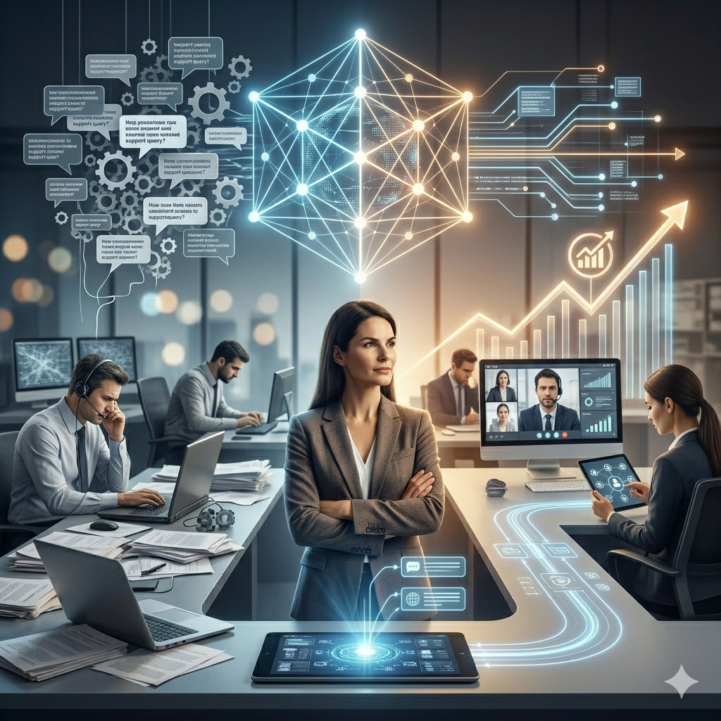 commercial scene illustrating transformation of customer support from repetitive tasks into high-value strategic sales engagement through automation.