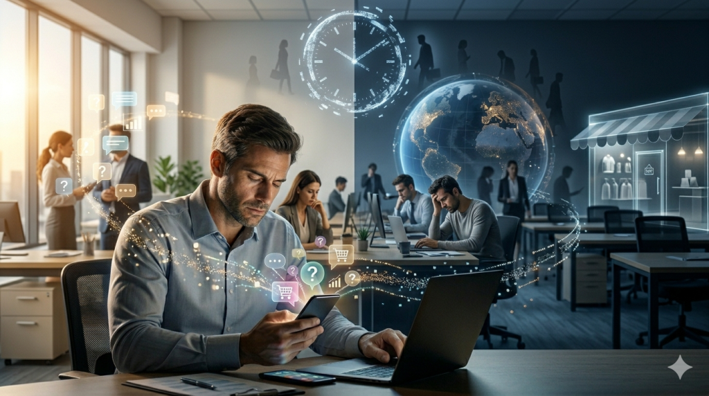 cinematic commercial scene illustrating the unsustainable pressure of 24/7 manual customer support staffing and its impact on burnout, turnover, and service quality.