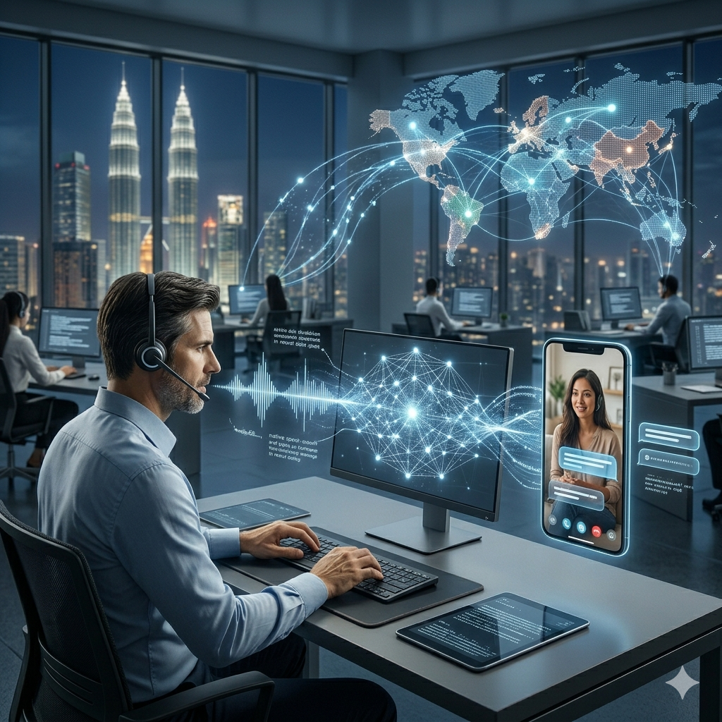 commercial scene illustrating seamless real-time bidirectional translation that allows support agents and customers to communicate naturally in their own languages while maintaining instant understanding