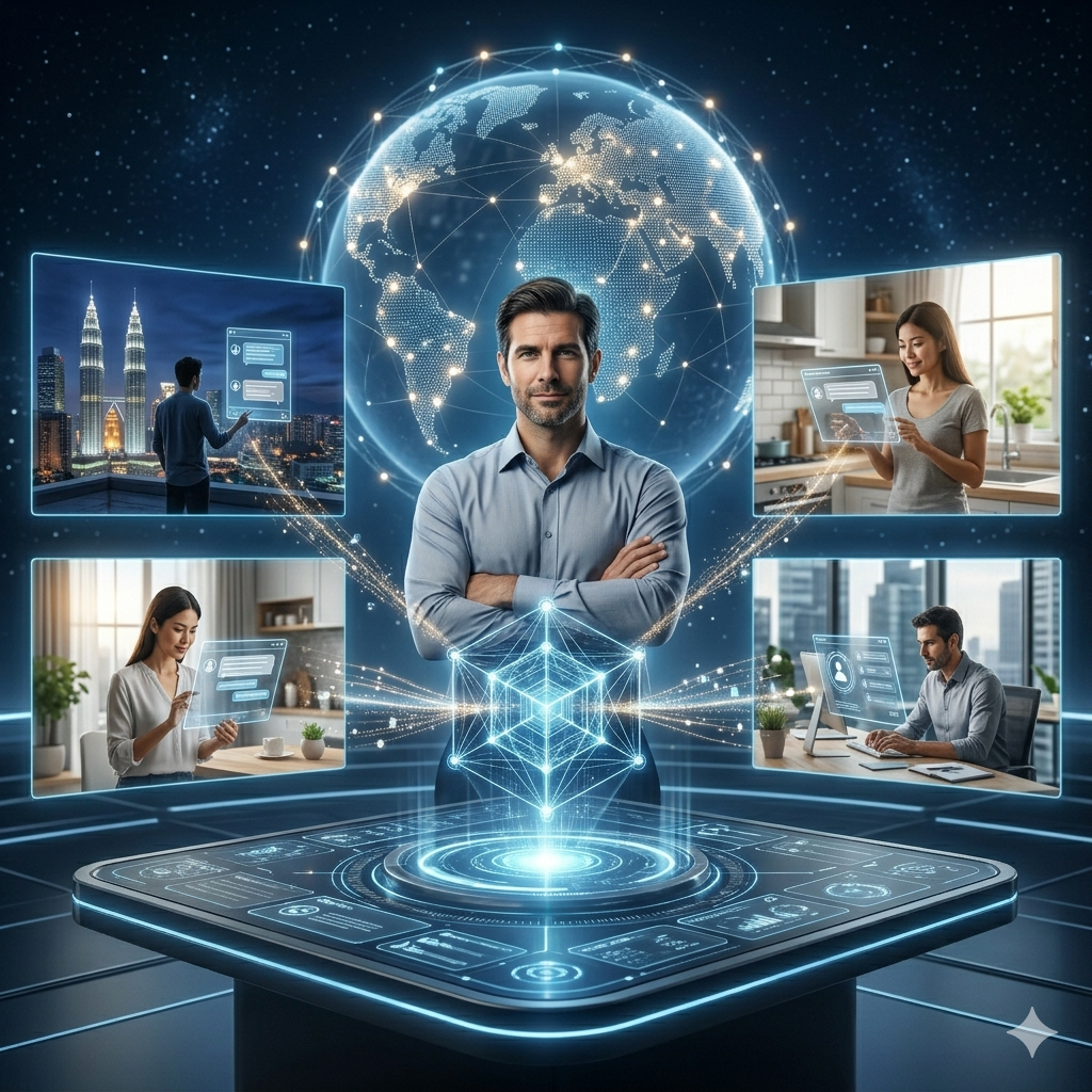 cinematic commercial scene illustrating consistent, high-quality AI-driven customer communication that builds brand trust through uniform service delivery across all time periods.