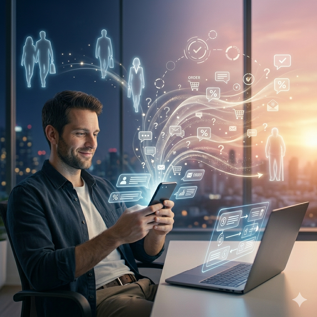 commercial scene showing a fully automated, always-on e-commerce sales and customer engagement system operating seamlessly across time and locations.