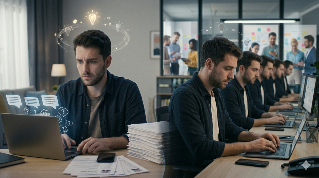 commercial scene showing skilled customer support talent trapped in repetitive low-value work and losing motivation over time.