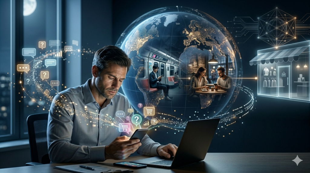 commercial scene illustrating the impact of time-zone mismatch between customer shopping behavior and business availability in global e-commerce.