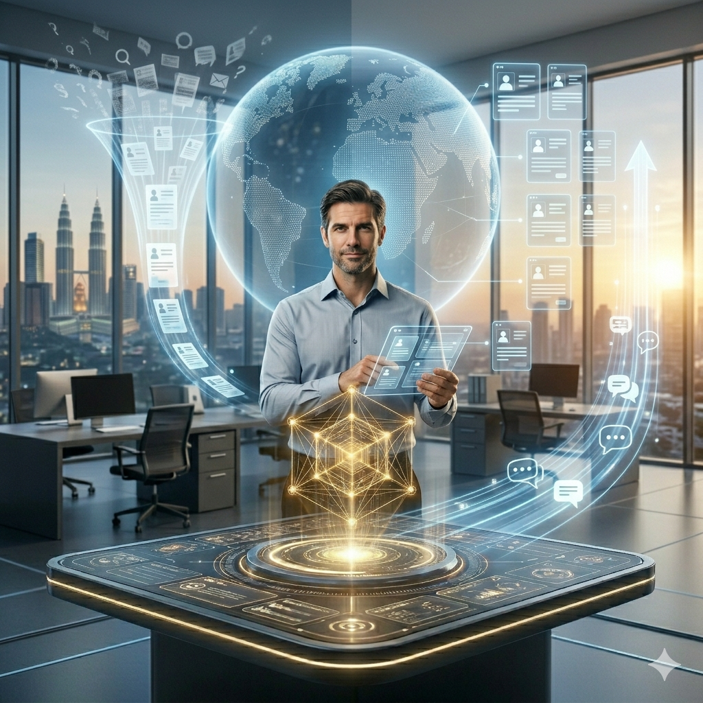 cinematic commercial scene illustrating the transformation of customer support workflows from repetitive backlog handling to high-value sales-focused engagement through automation.