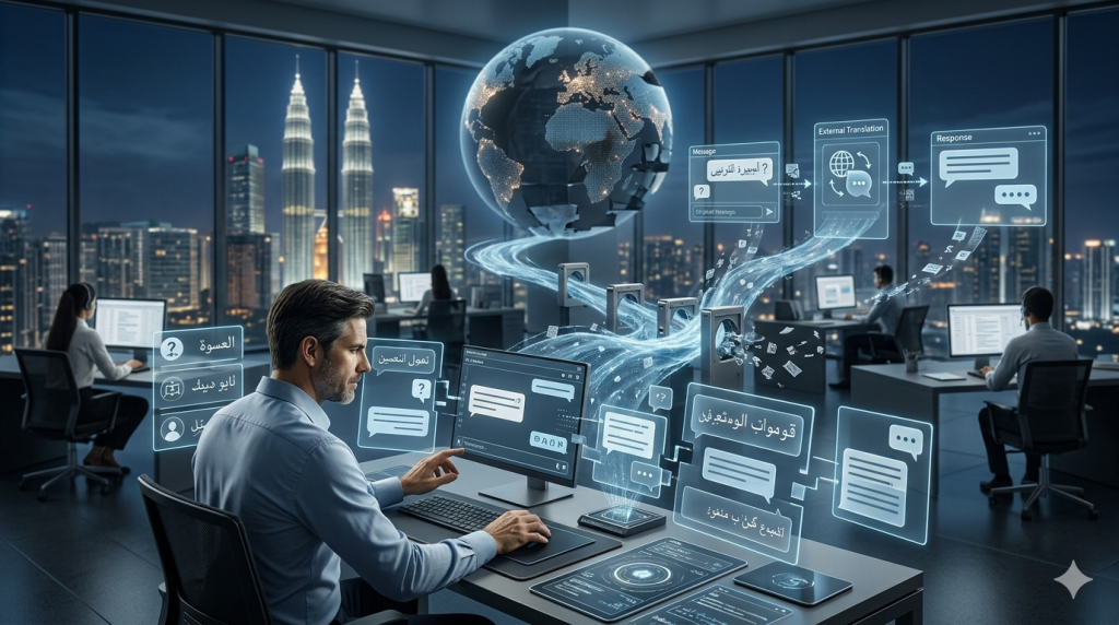 commercial scene illustrating how switching between external translation tools disrupts customer communication flow, causes loss of context, and reduces operational efficiency in modern global support environments