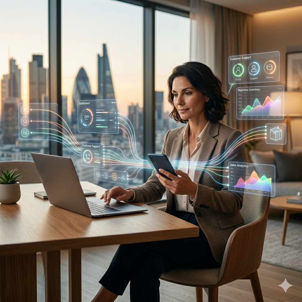 confident business owner with complete operational control of a modern digital business system from anywhere.