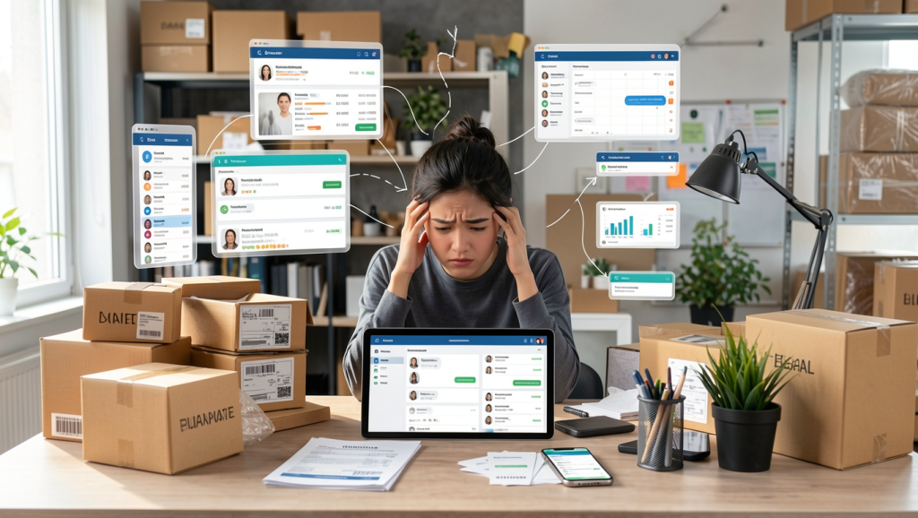 modern office workspace showing the complexity of fragmented customer data. A business owner sits at a desk surrounded by multiple digital devices including a laptop, tablet, and smartphone, each displaying different dashboards and customer information from separate platforms