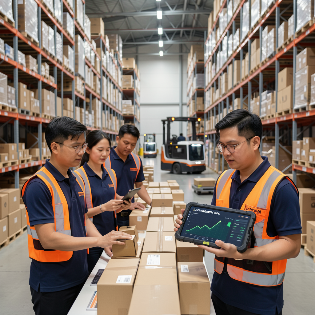 a diverse Malaysian team (Malay man, Chinese woman, Indian man) in branded navy polos and orange safety vests manages operations