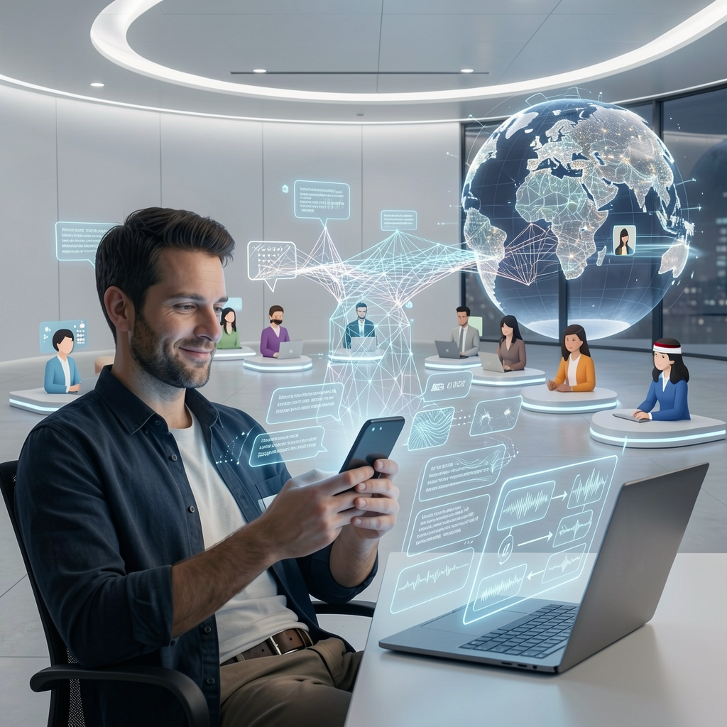 commercial scene illustrating Real-Time Translation multilingual translation enabling global customer support without hiring multilingual teams.